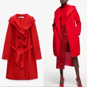 Zara Red Hooded Peacoat Size L